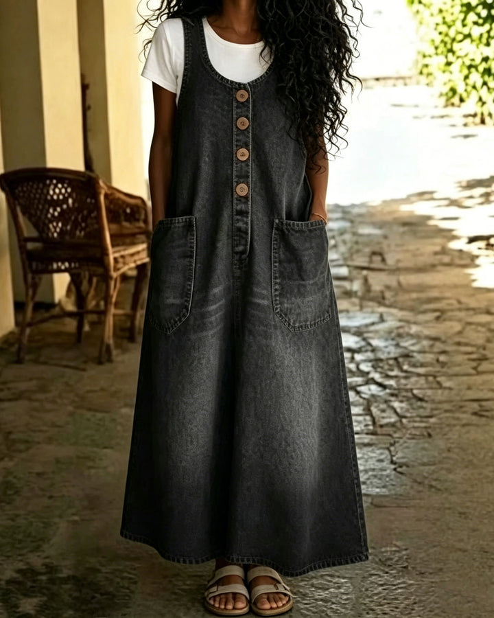 Denim U-neck Sleeveless Pocket Dress