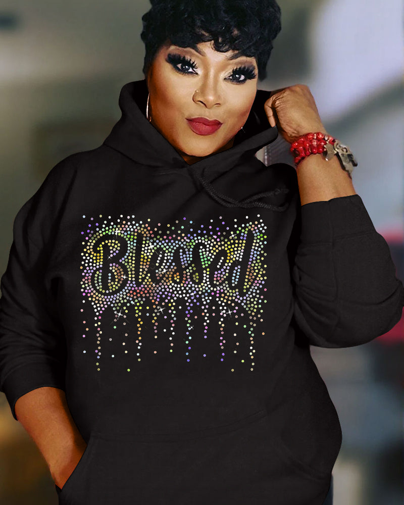 Blessed Rhinestone Printing Long Sleeve Hoodies