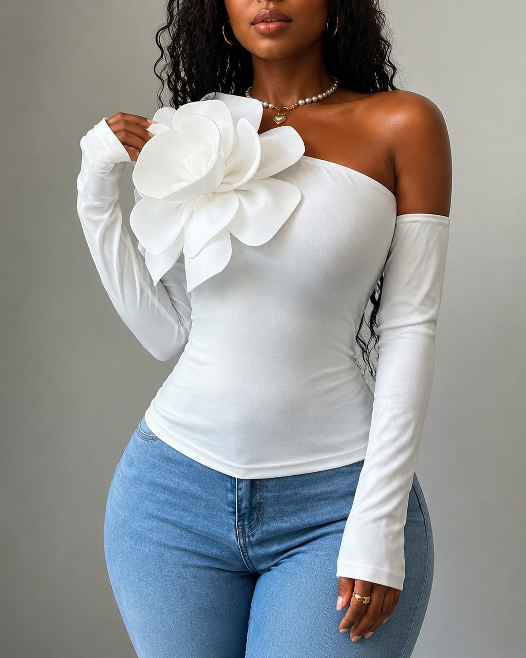 3D Floral Embellished Long-sleeved Off-shoulder Fitted Top