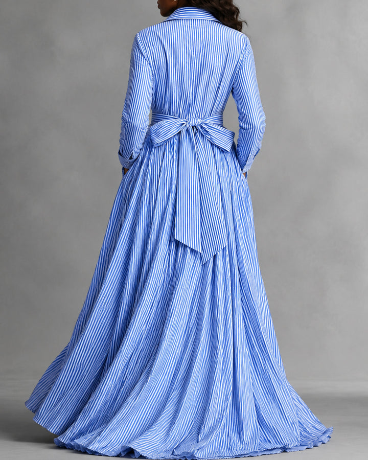 Collared Long Sleeve Blue White Striped Shirt Maxi Dress