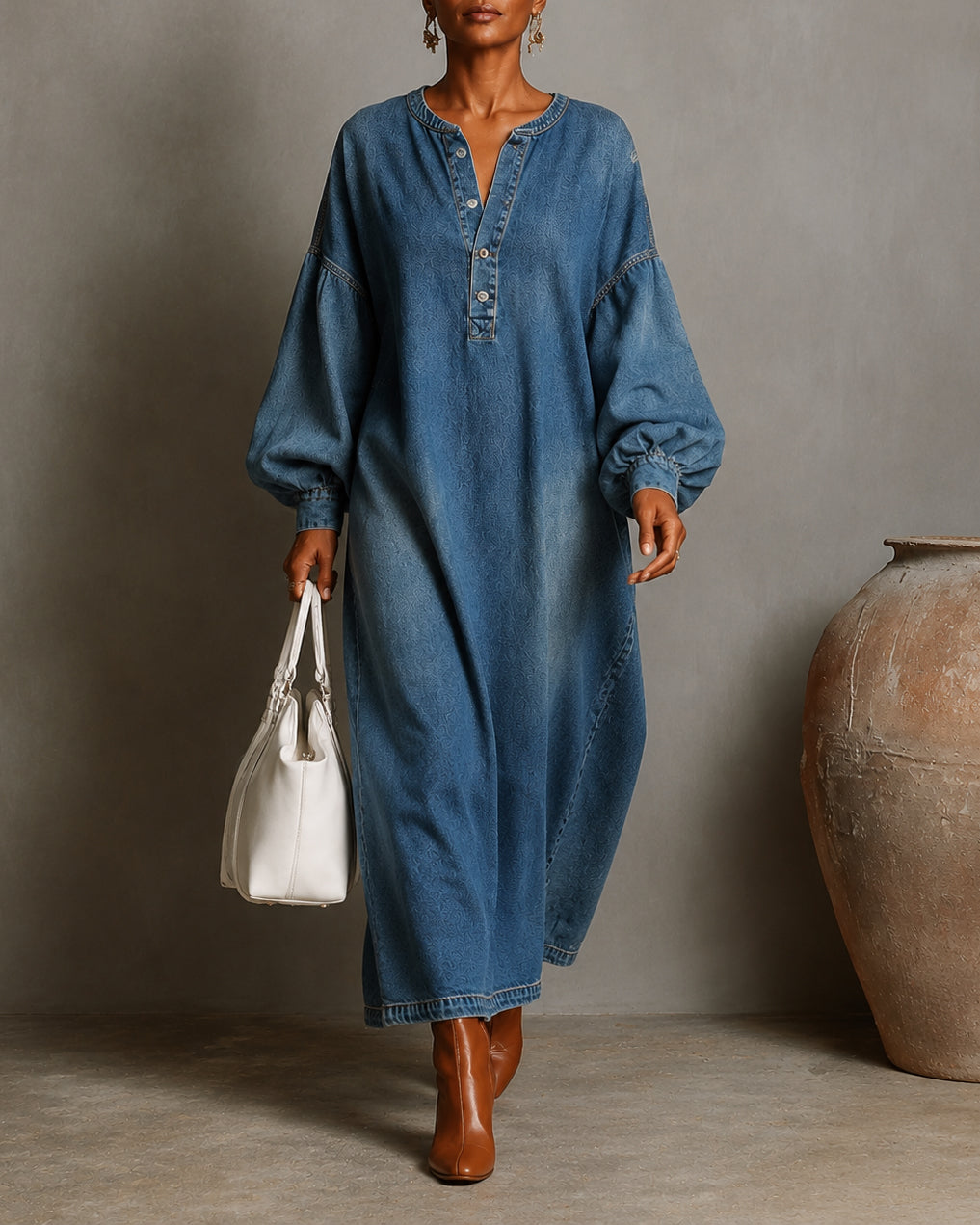 Washed Denim Henley Collar Lantern Sleeve Dress