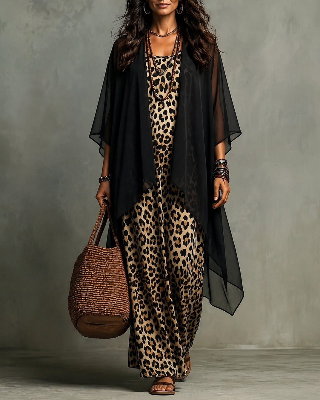 Boho Leopard Print Maxi Dress With Chiffon Kimono 2‑Piece Outfit