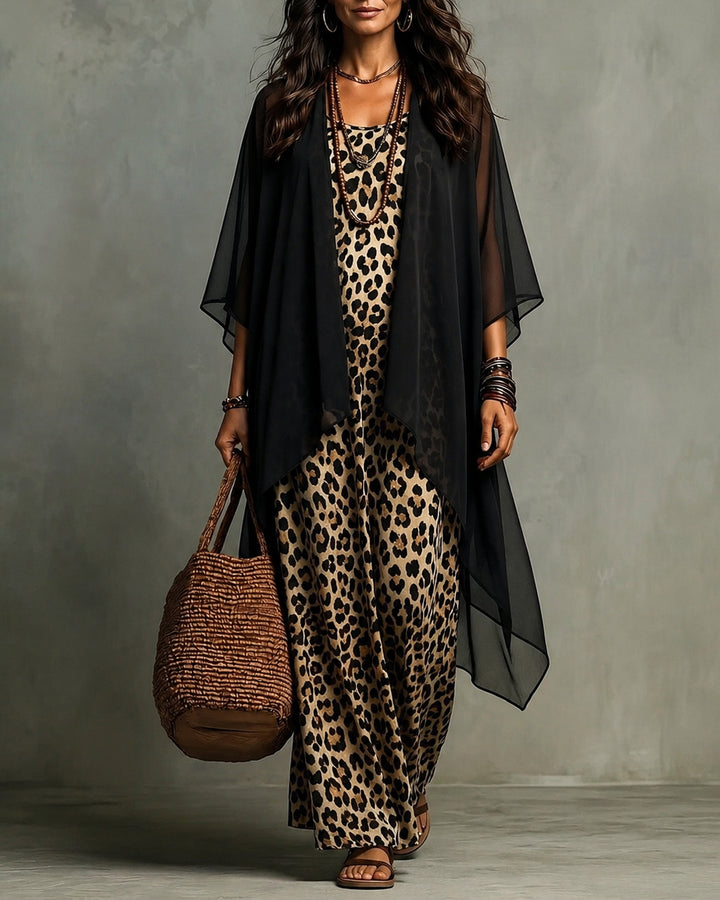 Boho Leopard Print Maxi Dress With Chiffon Kimono 2‑Piece Outfit