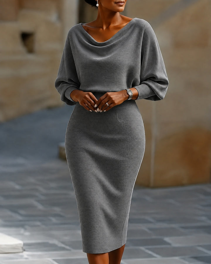 Round Neck Batwing Long Sleeve Ribbed Bodycon Dress