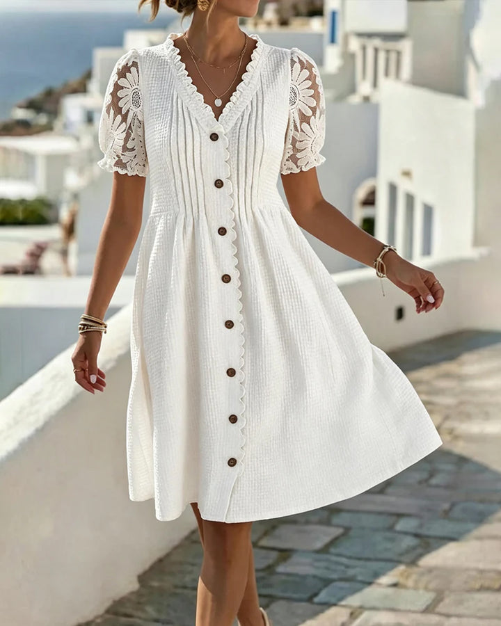 Puff Sleeve Sunflower Lace Patchwork Dress