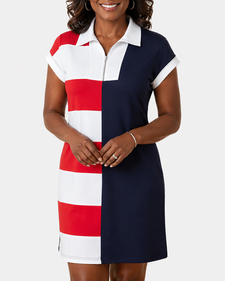 Color Block Zipper Stand Collar Polo Mini Dress