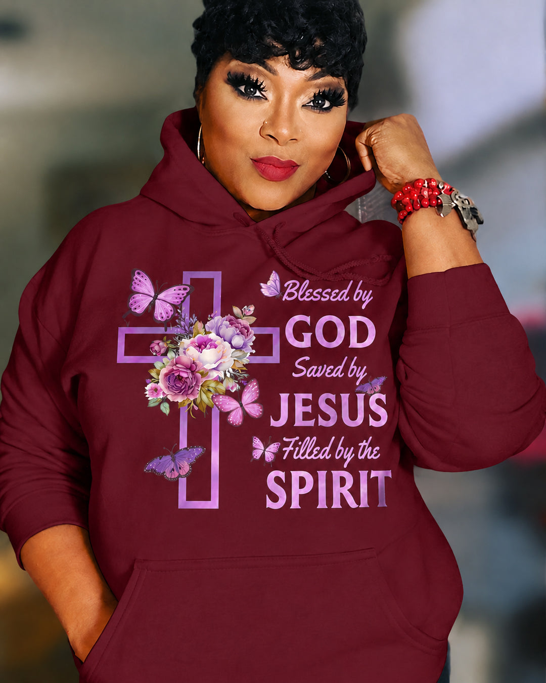 Blessed By God Saved By Jesus Cotton Long Sleeve Hoodies