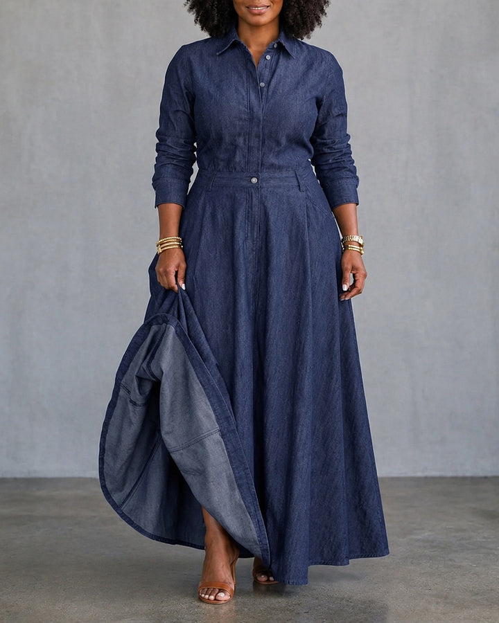 Split-Joint Solid Color Pockets Buttoned Long Sleeves High Waisted Lapel Maxi Dresses