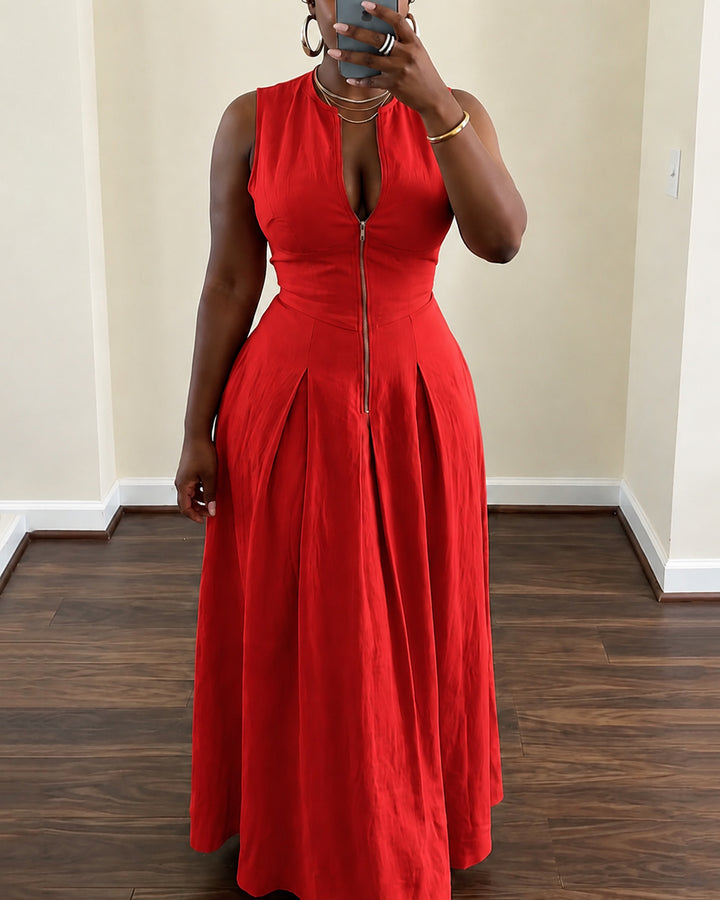Round Neck Zipper High Waist Maxi Dresses