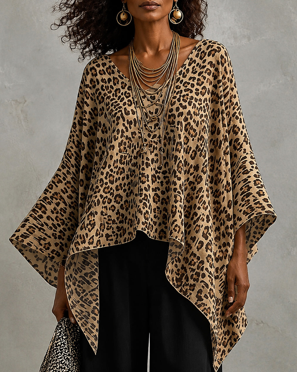 V-neck Irregular Leopard Print Batwing Sleeve Loose Top