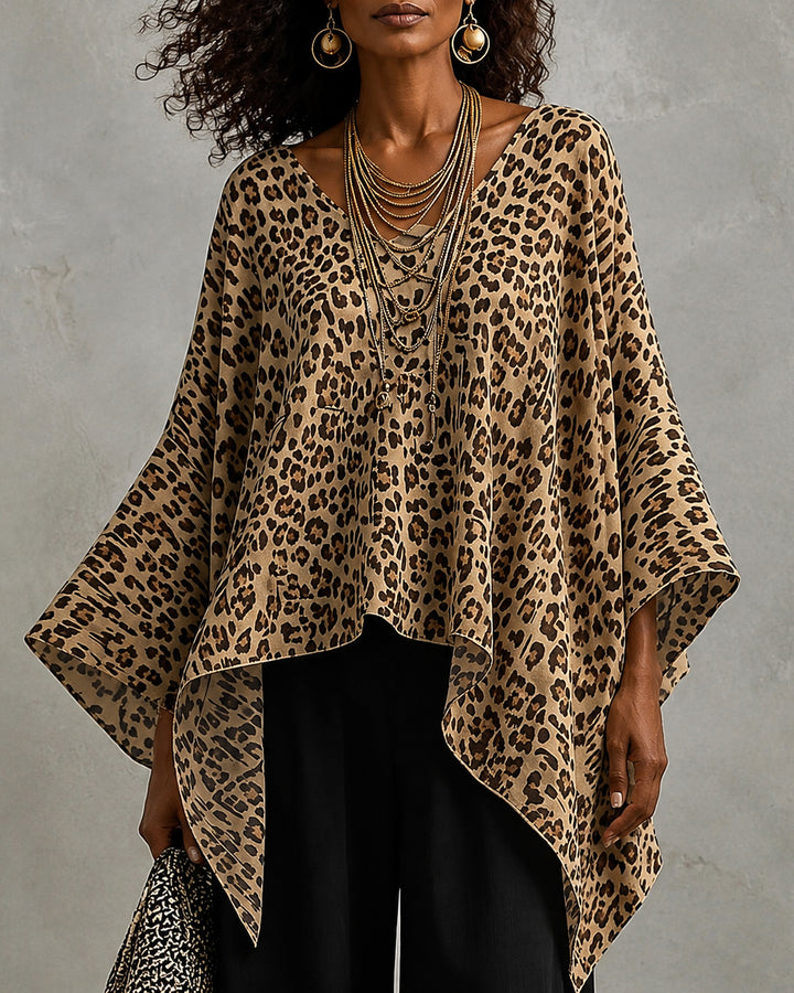 V-neck Irregular Leopard Print Batwing Sleeve Loose Top