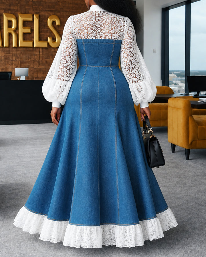 Lace Ruffle Puff Long Sleeve High Slit Flowy A Line Long Dress