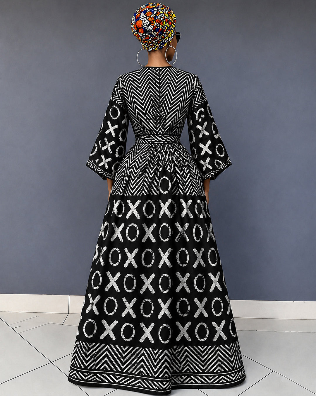 Black Culture Geometric Patchwork V Neck Long Sleeve Maxi Dress