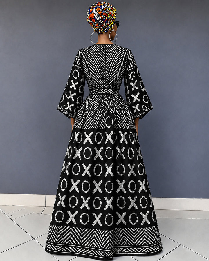 Black Culture Geometric Patchwork V Neck Long Sleeve Maxi Dress