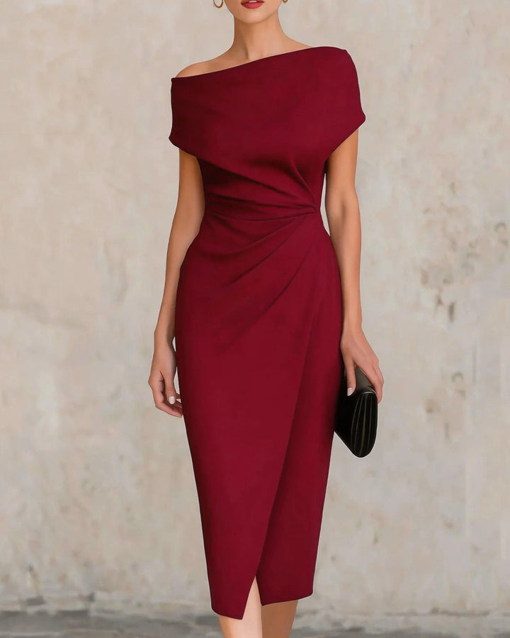 Off Shoulder Waist Cinched Ruched Slit Hem Midi Dress