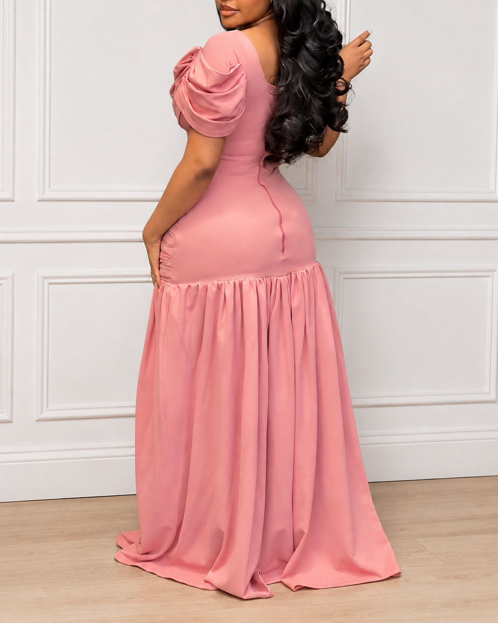 Draped V‑Neck Puff Short Sleeve Ruched Waist Tie Front Chiffon Formal Party Dress