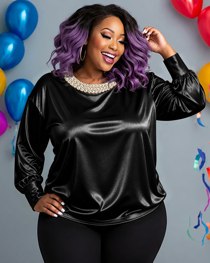 Pearl Collar Satin Blouse Top
