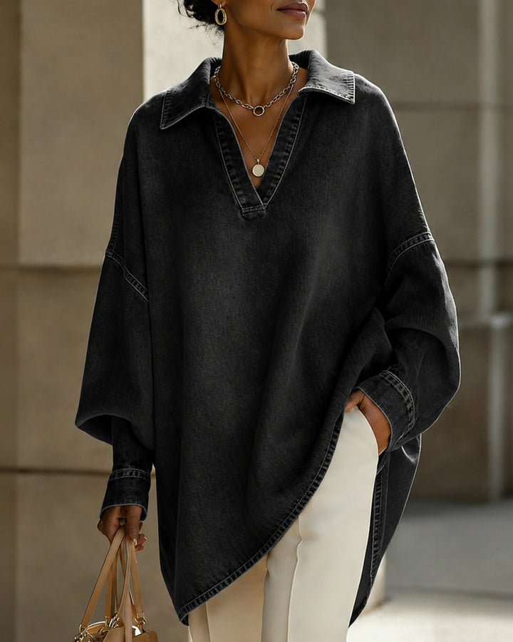Denim Solid Color Buttoned Loose Long Sleeves V-Neck Blouses&Shirts Tops