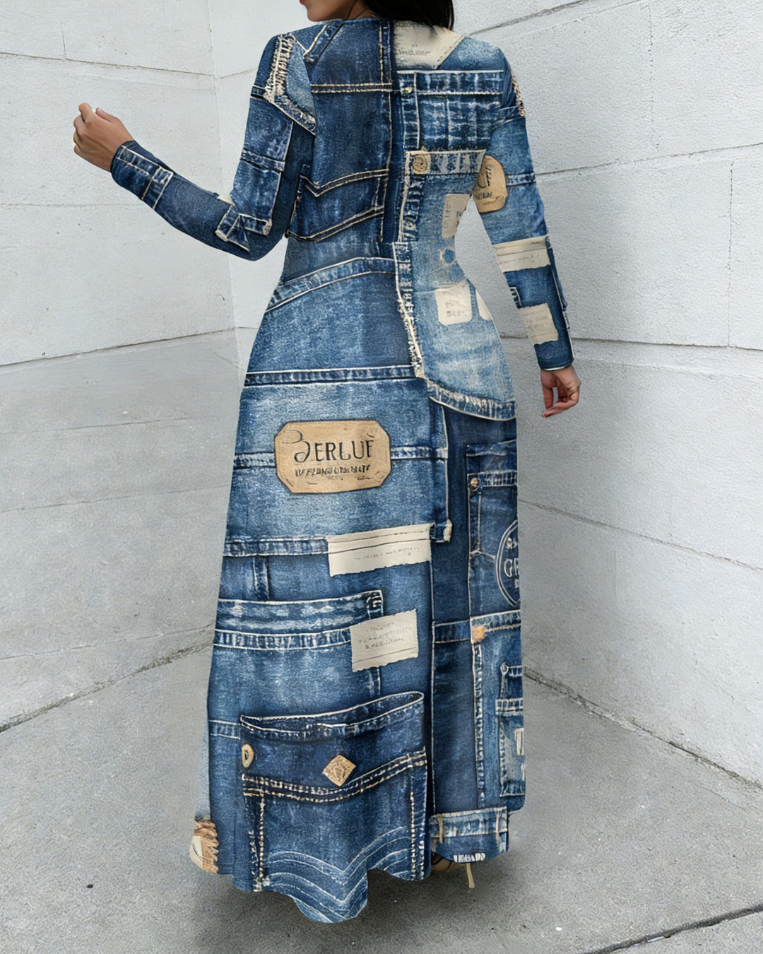 3D Denim Patchwork Print Crewneck Long Sleeve Pocket Dress