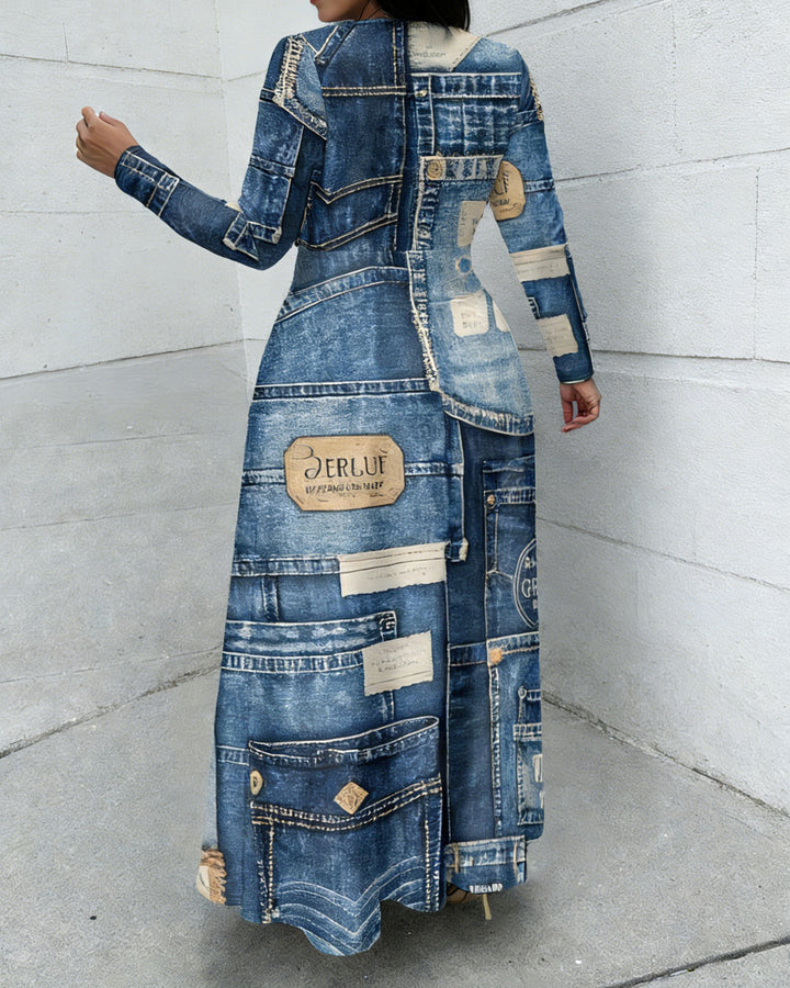 3D Denim Patchwork Print Crewneck Long Sleeve Pocket Dress