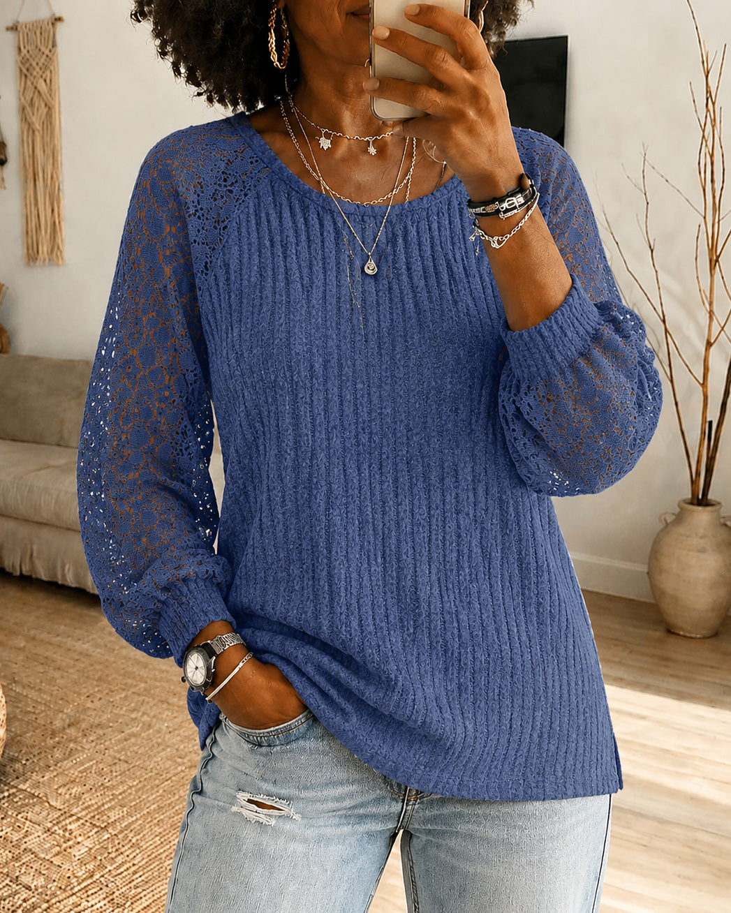Women's Ribbed Knit Round Neck Raglan Lace Long Sleeve Top