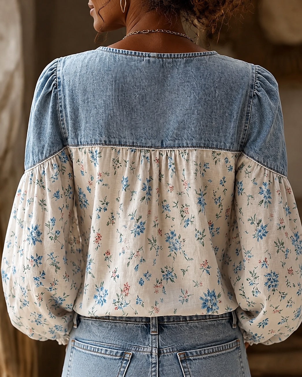 Boho-Chic Floral Paneling Denim Blouse