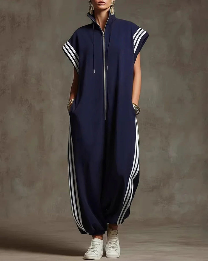 Contrast Color Pockets Split-Joint Striped Zipper Stand Collar Jumpsuits