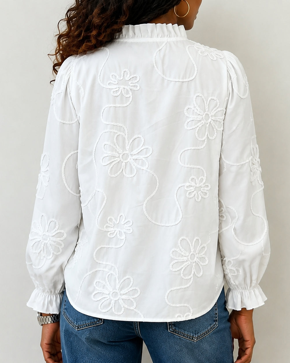 V-Neck Embroidered Lace Trim Puff Sleeve Blouse