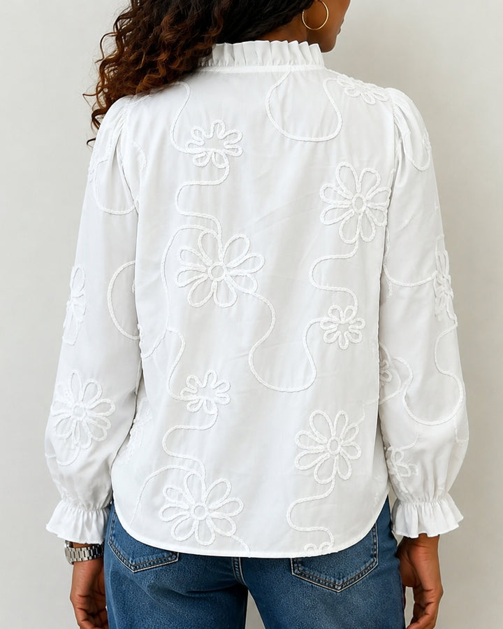 V-Neck Embroidered Lace Trim Puff Sleeve Blouse