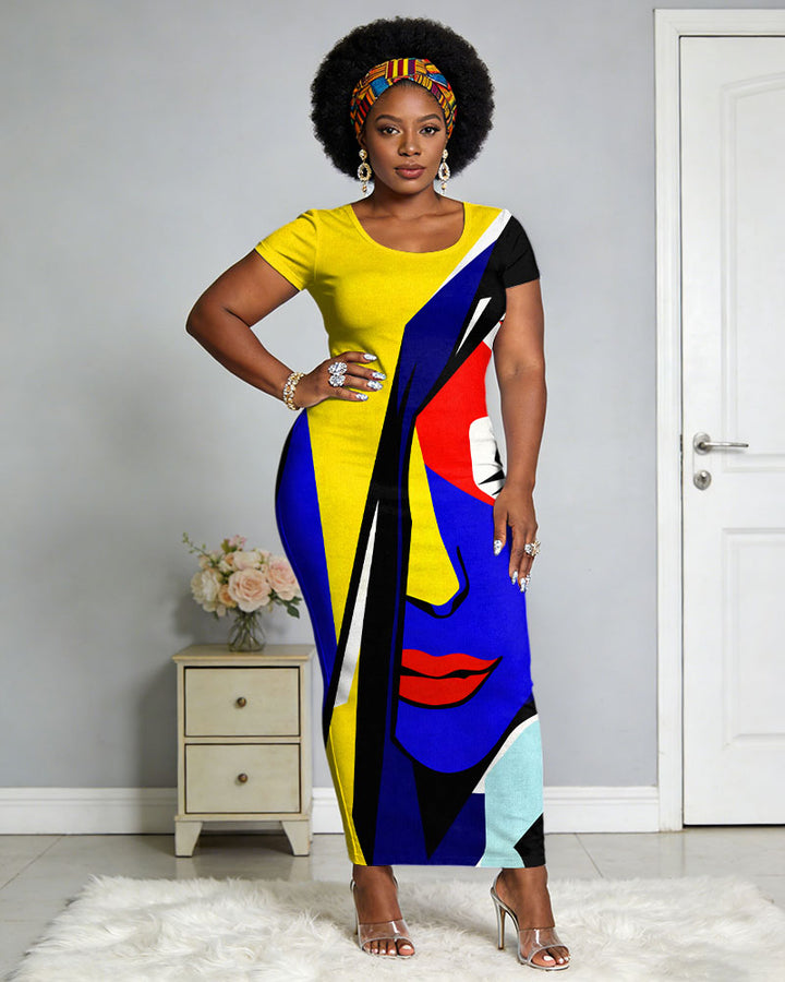 Figure Abstract Short Sleeve Dress Stretch Dress