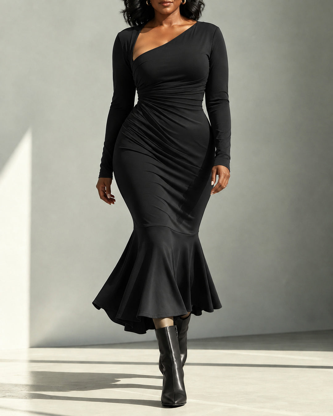 Women's Long Sleeve Asymmetric Ruched Waist Midi Dress