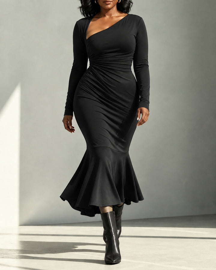 Women's Long Sleeve Asymmetric Ruched Waist Midi Dress