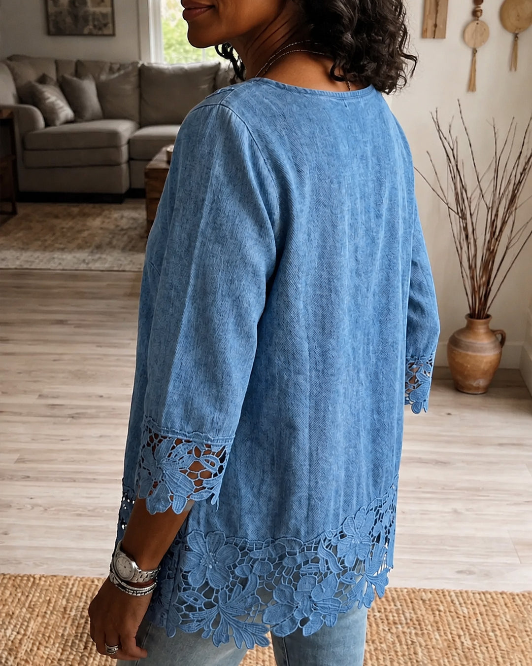 Women's Openwork Lace Denim Top