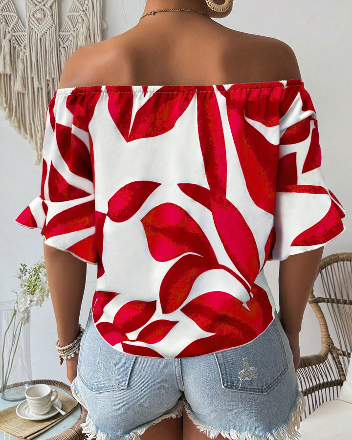 Women's Summer Vacation Hawaiian Style Print Off Shoulder Sleeveless Blouse