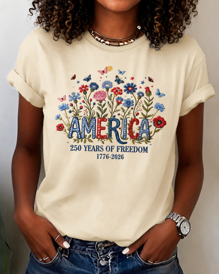 100% Cotton America 250 Years USA Floral Crew Neck Short Sleeve Tshirt