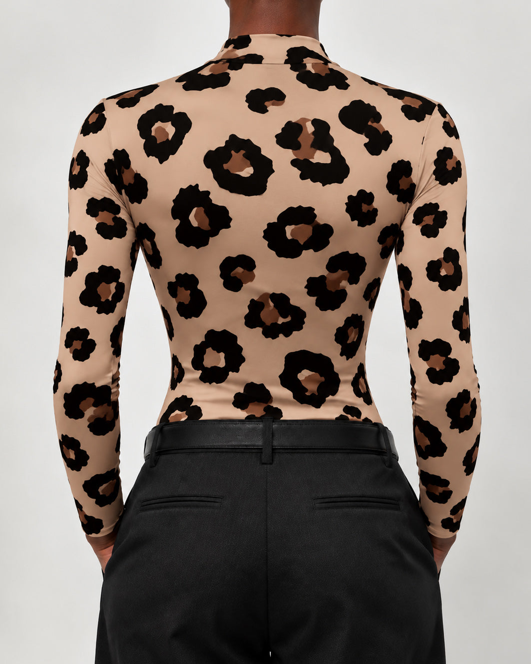 Western-Style Leopard Print Crew Neck Long Sleeve Stretchy Basic Top