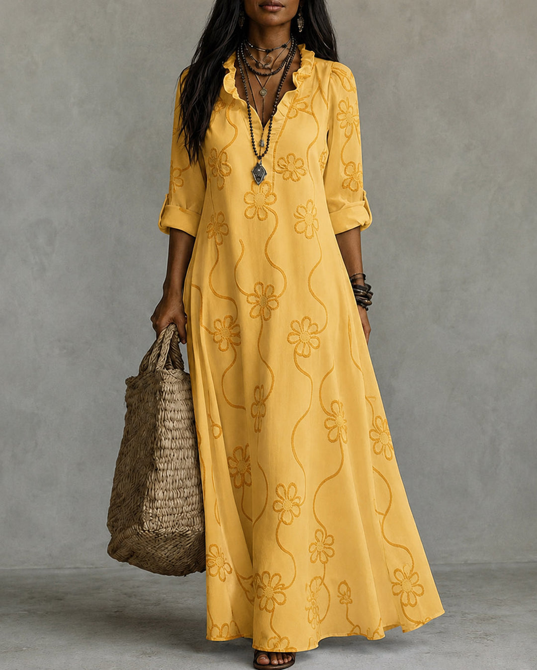 Fashionable Lace Cotton Linen Floral Print Dress