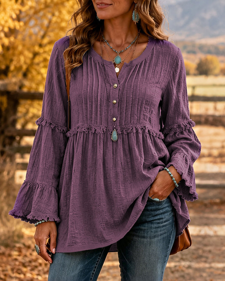 Crew Neck Button Down Loose Shirt with Tassel Spliced Lace