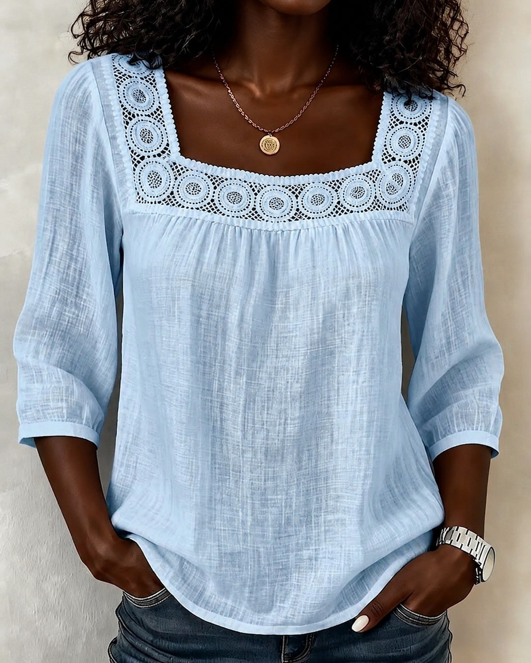 Square Neck Lace Spliced 3/4 Sleeve Cotton Linen Blouse