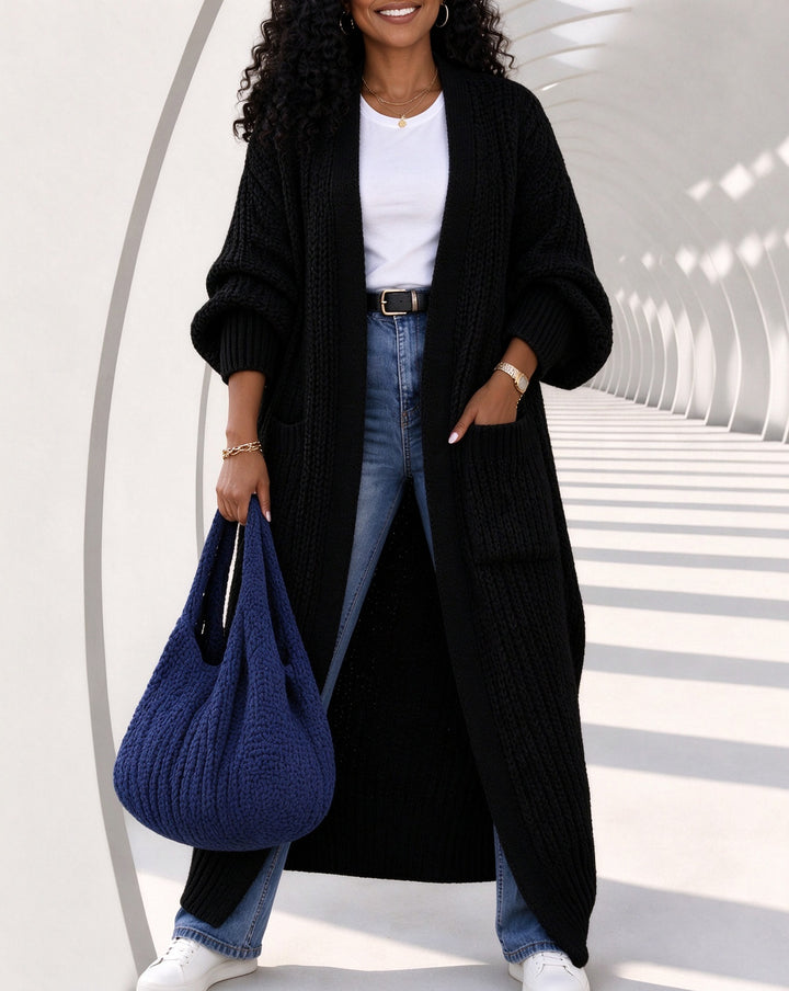 Women's Chunky Knit Open Front Oversized Lantern Sleeve Long Cardigan