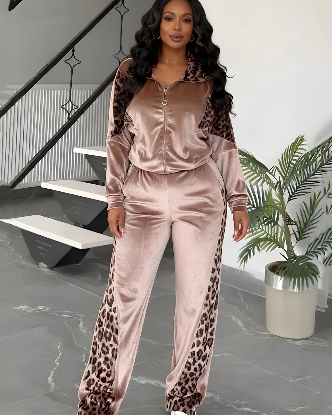 Leopard Print Contrast Trousers Long Sleeve Home Suit