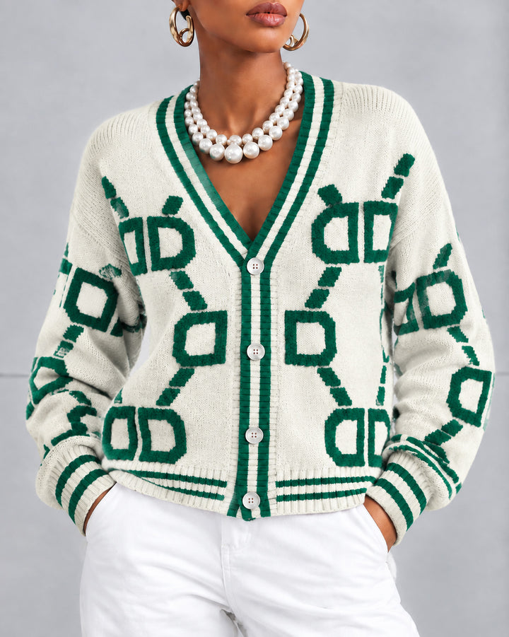Women's V Neck Geometric Pattern Knit Cardigan