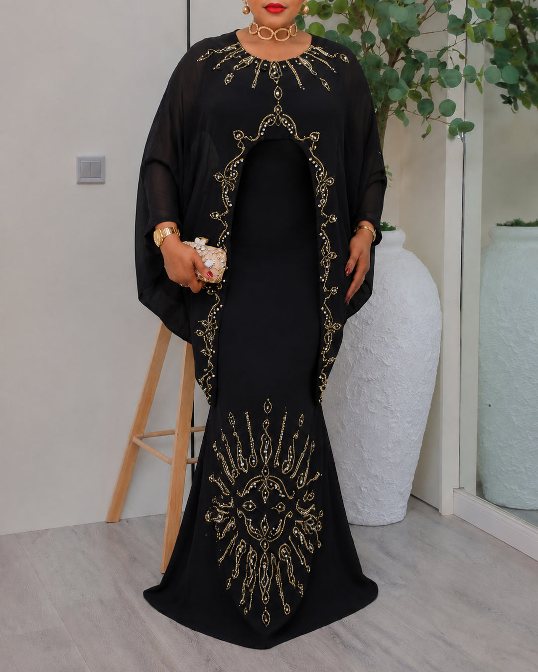 Gold Rhinestone Embroidered Cape Cloak Mermaid Evening Gown Maxi Dress