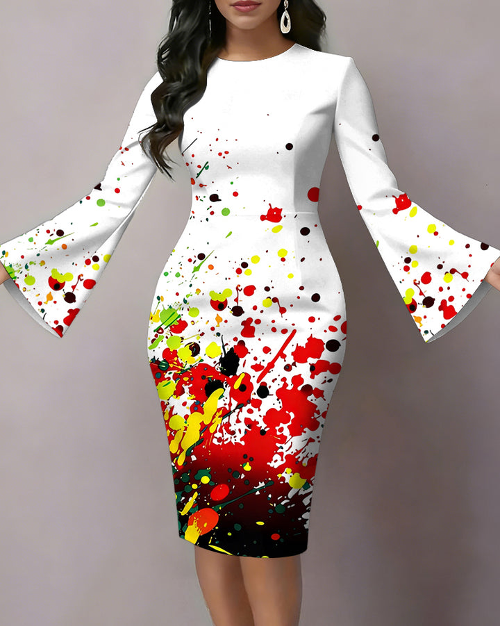 Reggae Color-Block Splash Ink Print Flared Sleeves Mini Dresses