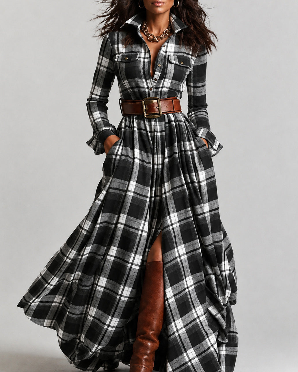 Classic Plaid Button Down Collared Long Sleeve Swing Dress