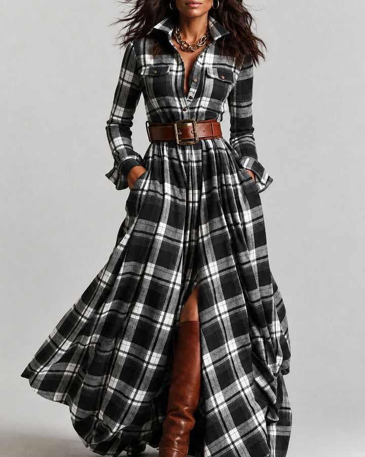 Classic Plaid Button Down Collared Long Sleeve Swing Dress