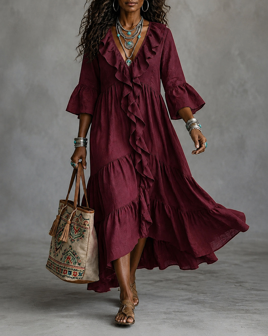 V-Neck Lace Spliced 3/4 Flare Sleeve Ruffled Vintage Dress