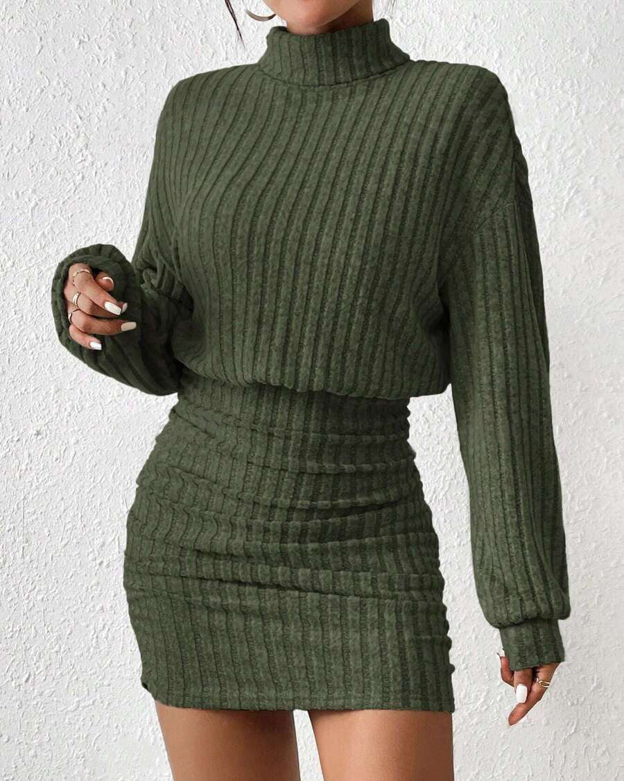 Women's Turtleneck Ribbed Knit Long Sleeve Ruched Mini Dress