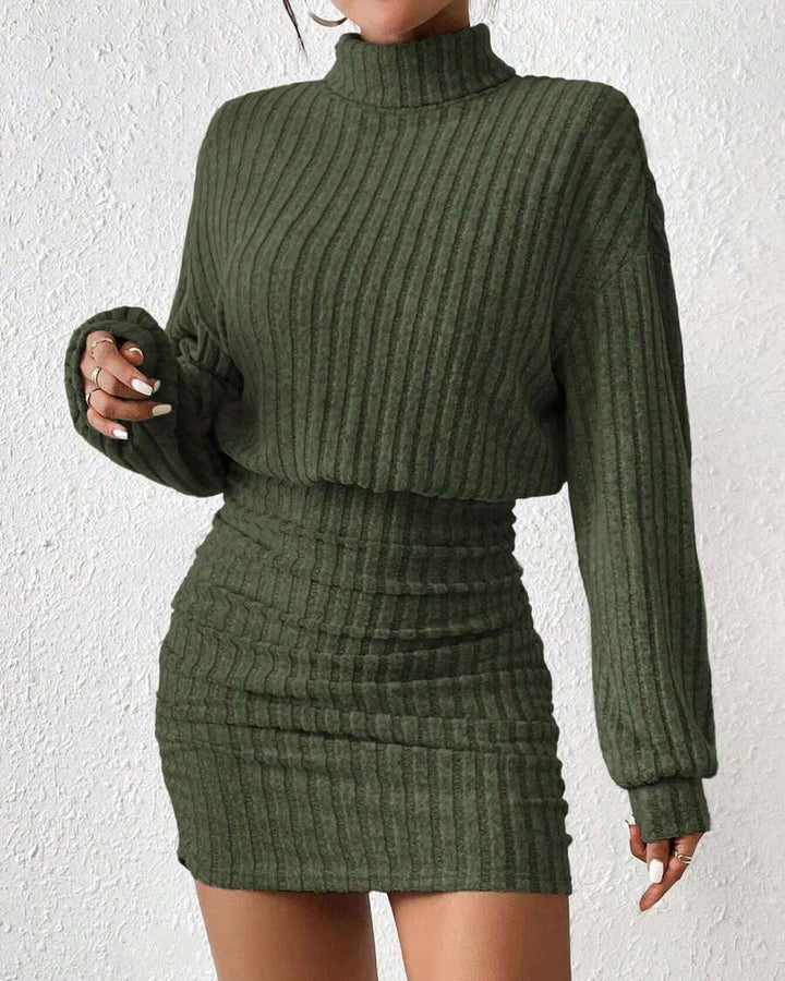 Women's Turtleneck Ribbed Knit Long Sleeve Ruched Mini Dress