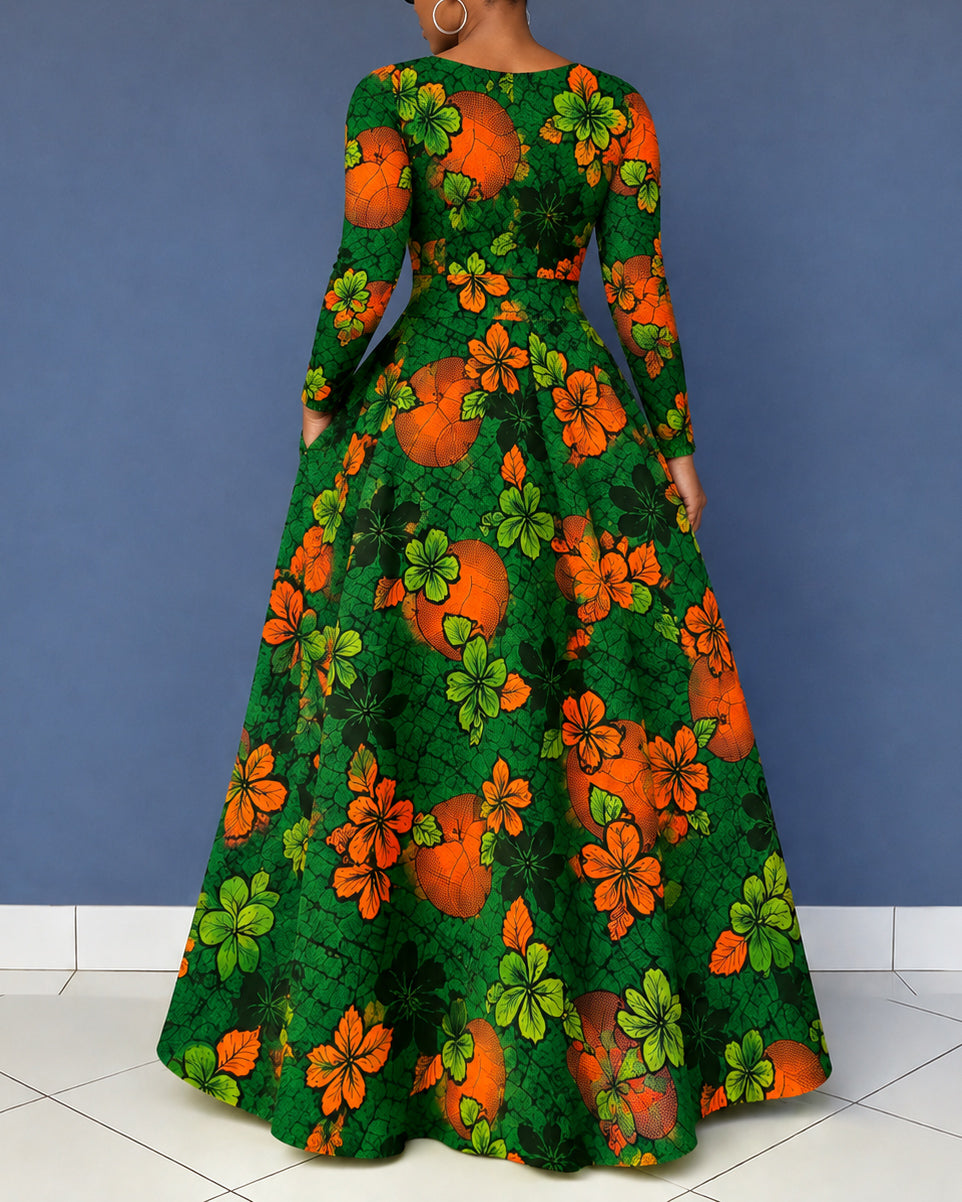 Women's African Ankara Floral Print V Neck Long Sleeve Maxi Dress